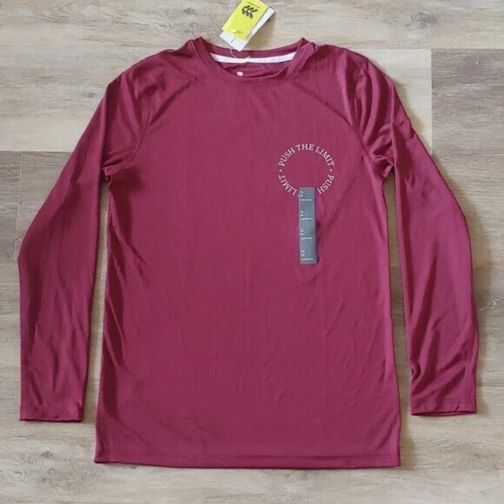 NEW All in Motion UPF 50+Maroon Red Long Sleeve <Push The Limit> Graphic T-Shirt